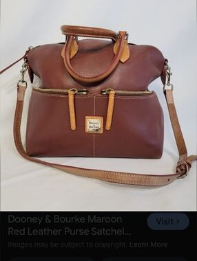 Dooney & Bourke Maroon Leather Satchel with Tan Trim and Strap/2 Handles